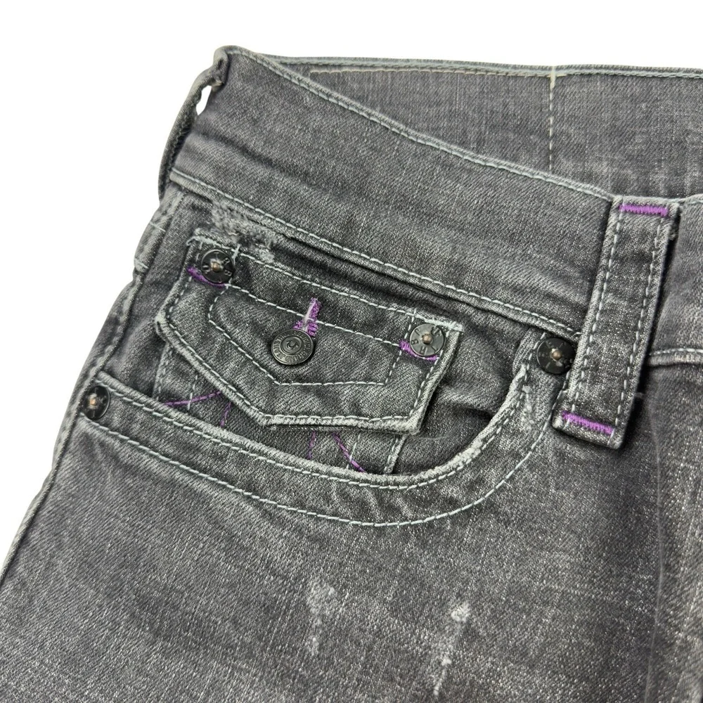 True Religion‎ Ricky Jeans Relaxed Straight Black Distressed Purple Stitch 30x35